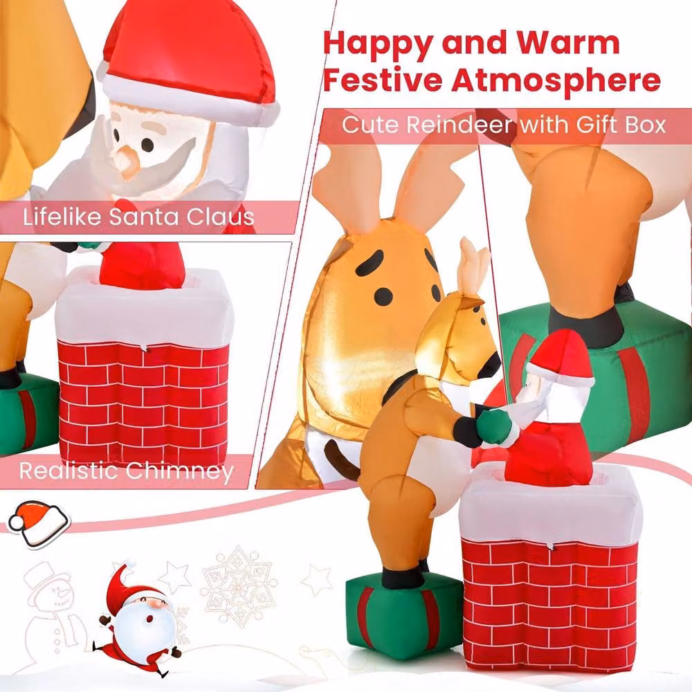 Gymax Inflatable Santa Claus Climbing Chimney with Reindeer Christmas Decoration in Red and Multicolour – 5
