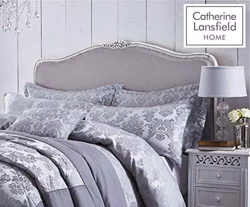 Catherine Lansfield Damask Jacquard Quilted Pillow Sham Pair in Silver Grey