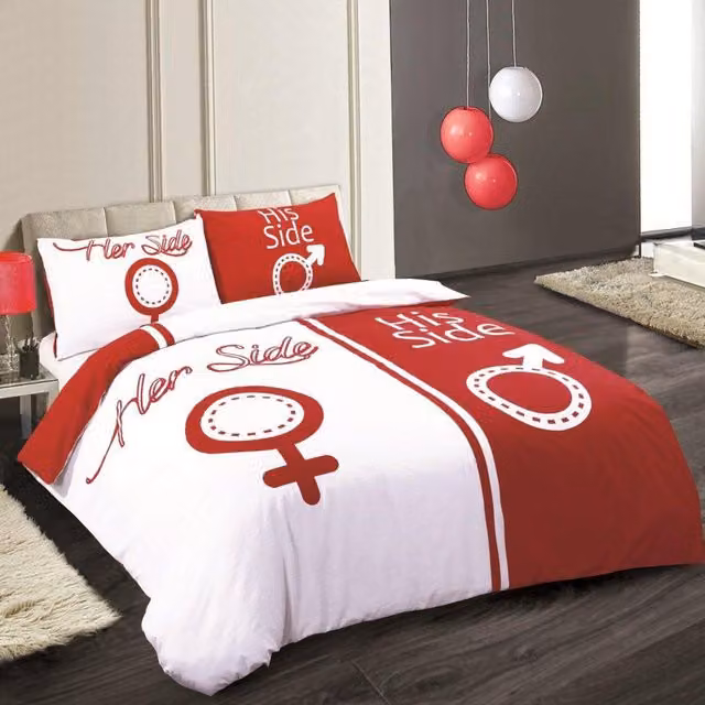 Velosso His Side Her Side Duvet Cover and Pillowcase Set in Red and White