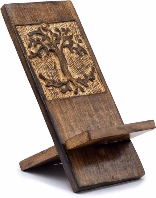 KDMK Hand Carved Tree of Life Mango Wood Phone Stand, Brown