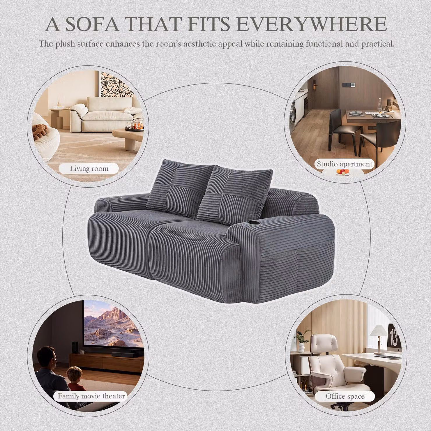 Aosom UK Modular 2-Seater Ribbed Corduroy Sofa with Cup Holder and Side Storage Pocket, Dark Grey, W: 200 cm, D: 99 cm, H: 80 cm – 3