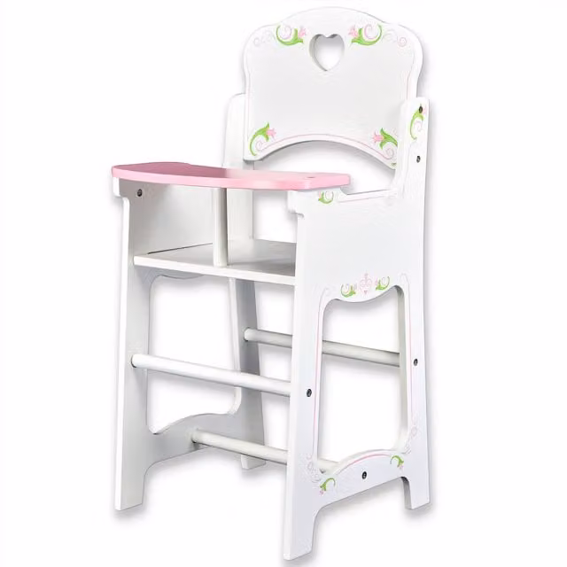 BiBi Doll Wooden Baby Highchair Role Play Toy in White and Pink