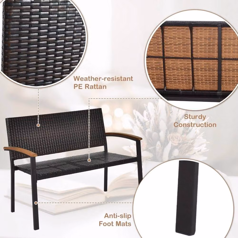 Kelvenix Brown Stackable Outdoor Garden Bench with Acacia Wood and Rattan Details – 3