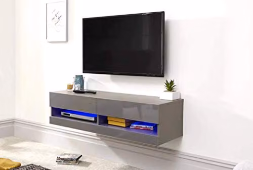 GFW Galicia Wall Mounted Grey Glossy TV Unit with Integrated LED Lighting W/D/H: 180 x 38 x 30 cm