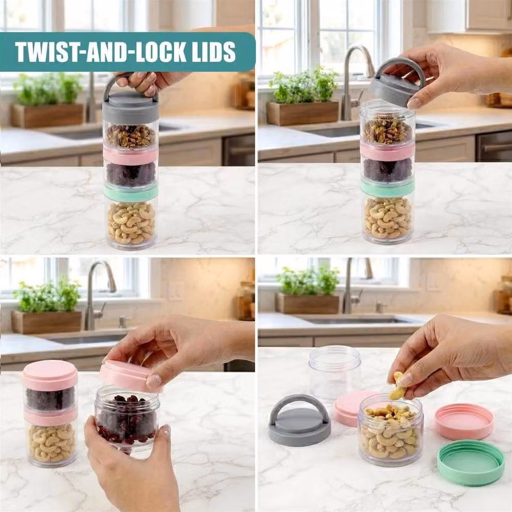 SPETLEK 3-Piece Stackable Multicolour Plastic Snack Pots with Screw Lids – 5