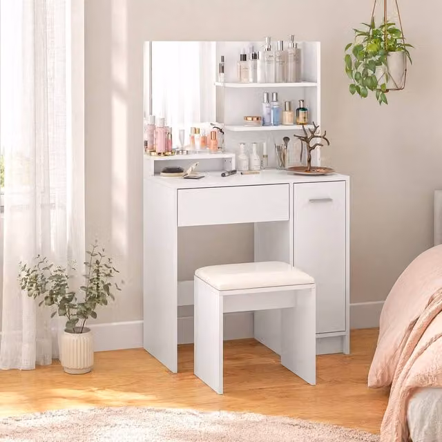 STILVORA Modern Dressing Table with Mirror and Stool Set in White