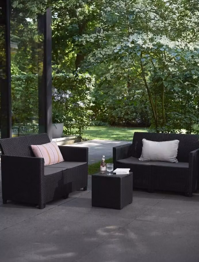 Keter Marie Modern Outdoor Garden Furniture Set with 2 Seater Sofa, Coffee Table and Upholstered Cushions in Grey and Black