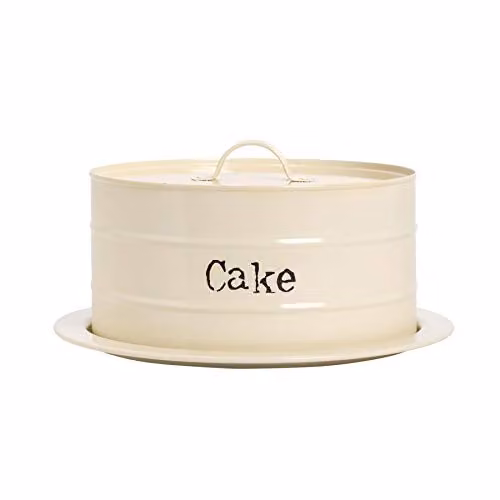 Harbour Housewares Vintage Round Metal Cake Tin with Airtight Lid in Beige/White