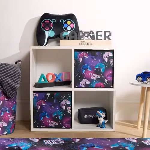 OHS Set of 2 Fabric Gaming Print Collapsible Storage Boxes in Black and Multicolour, W/D/H: 27 x 27 x 27 cm – 2