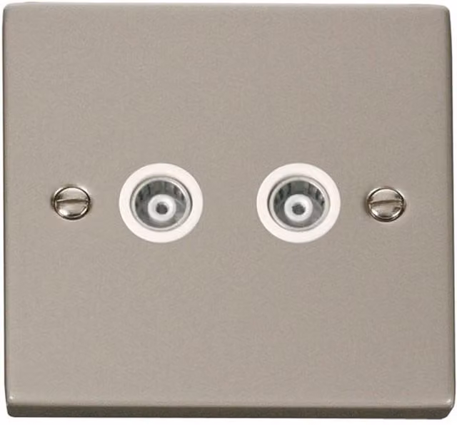 SE HOME White Flush Pearl Nickel Twin Isolated Coaxial Socket with Plastic Plate