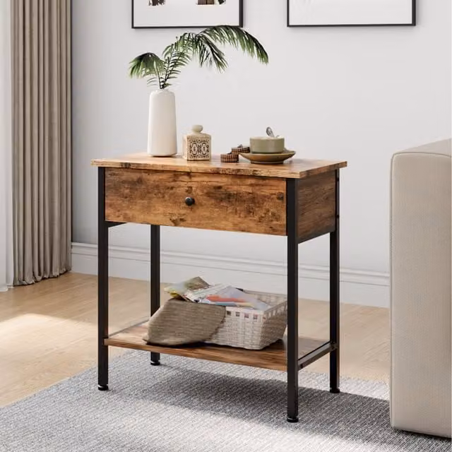 Komore Rustic Bedside Table with Drawer in Brown and Black, W: 60 cm, D: 35 cm, H: 35 cm