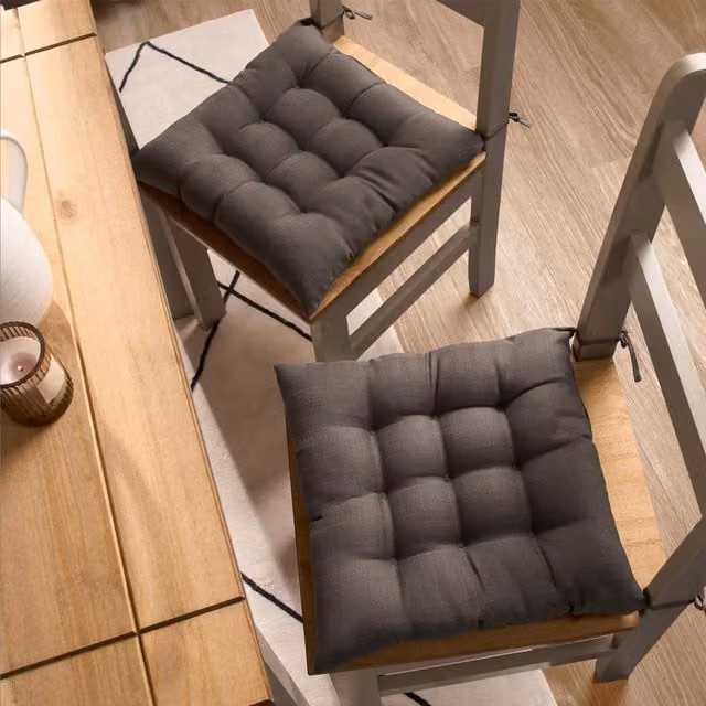OHS Pack of 2 Grey Linen Quilted Square Dining Chair Seat Pads with Removable Covers