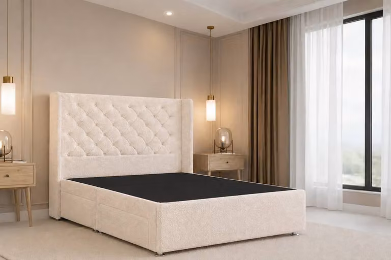Chester & Oakley Luxora Teddy Sprung Divan Set with 54 inch Winged Headboard, Beige Boucle Fabric, No Drawers, King Size W/D/H: 180 x 200 cm