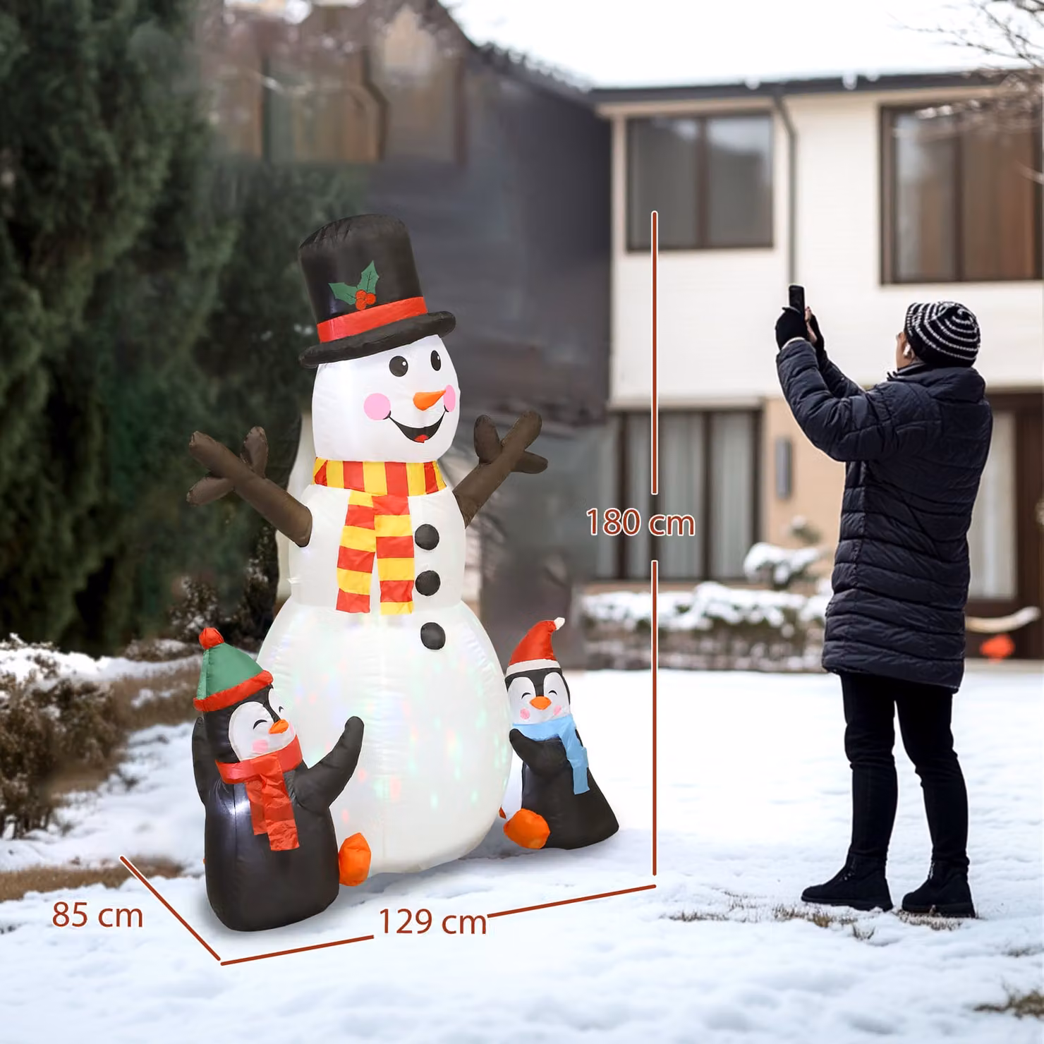 Outsunny 6ft Christmas Inflatable Snowman and Penguins with Built-in LED Lights and Flashing Projector, Multicolour Indoor and Outdoor Decoration – 3