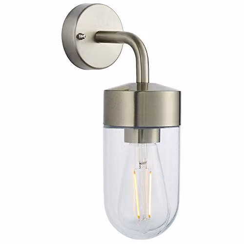 Loops IP44 Outdoor Nautical Wall Lantern in Silver Stainless Steel and Transparent Glass, Dimmable E27 LED Compatible
