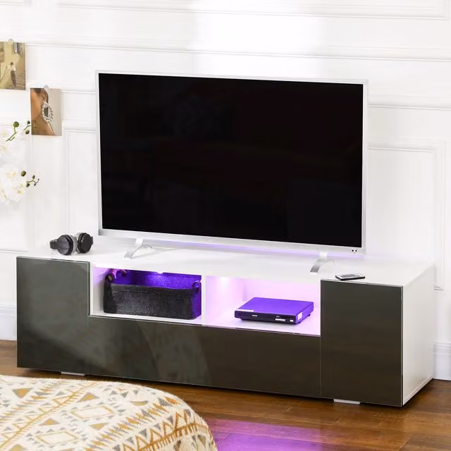 HOMCOM Modern High Gloss TV Unit Cabinet with LED Lights, Grey, for TVs up to 60 inch