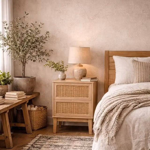 Wyld Haus Waterford Oak and Woven Rattan 2 Drawer Bedside Cabinet in Sand, Gold and Brown, W/D/H: 40.0 x 35.5 x 58.7 cm – 1