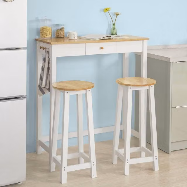 SoBuy 3 Piece White Lacquered Kitchen Breakfast Bar Set with Rubberwood and MDF Table and Chairs