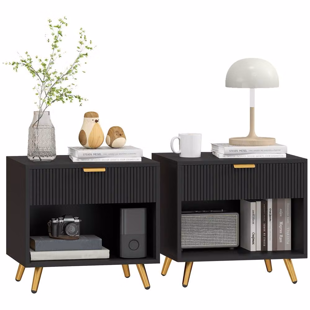Wyld Haus Sota Set of 2 Black and Gold Ribbed Bedside Tables with Drawer and Shelf – 2
