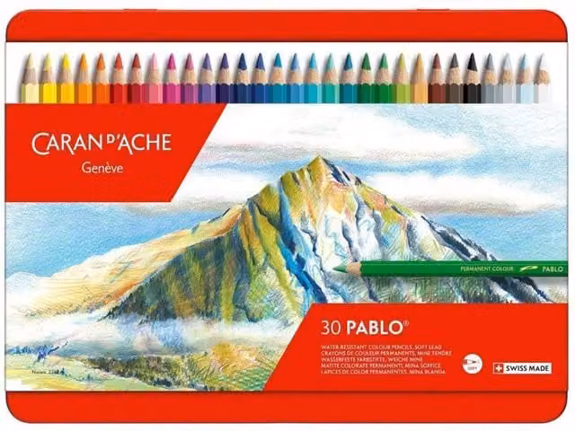 Caran d'Ache Pablo 30 Water-Resistant Professional Artist Colour Pencils in Assorted Colours with Metal Tin