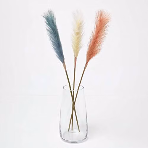 HOMESCAPES Set of 3 Multi-coloured Orange and Blue Artificial Single Stem Pampas Grass, Height: 78 cm
