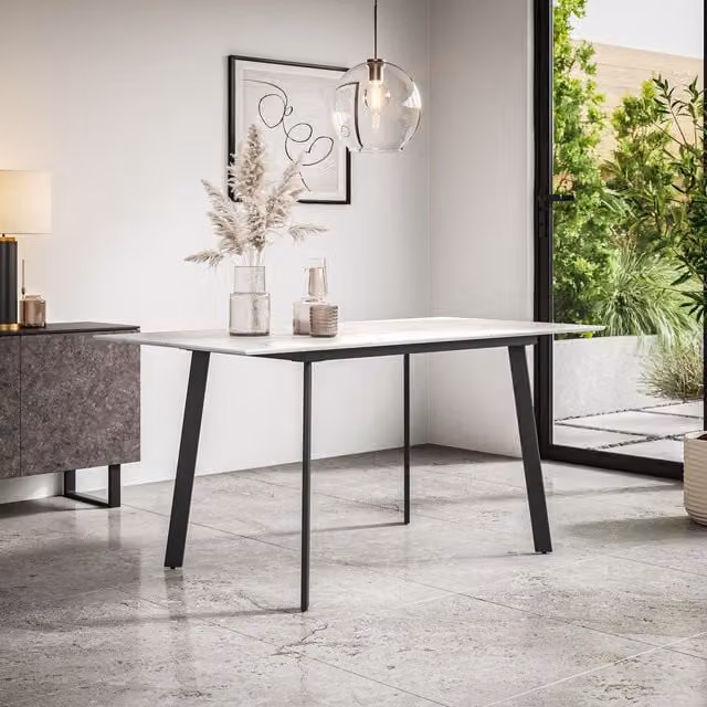 More4Homes Haydon Extendable Rectangular Dining Table, 4-6 Seater, White Marble Effect with Black Metal Legs, W/D/H: 120 x 120 x 76 cm – 1