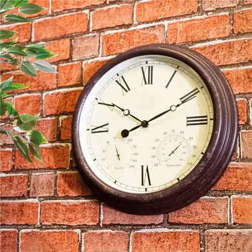 St Helens Home & Garden Vintage Weather Resistant Outdoor Wall Clock with Thermometer and Hygrometer, Brown, Diameter: 38 cm – 2