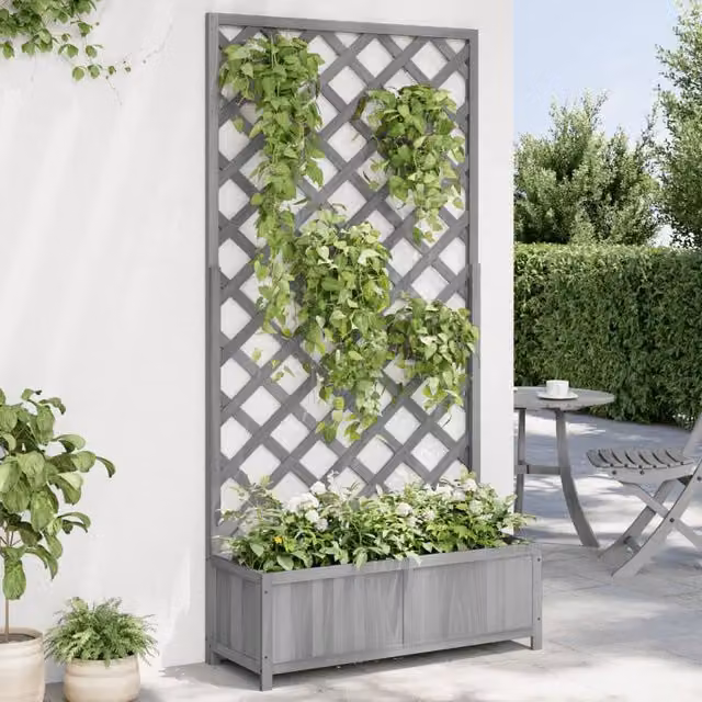 Berkfield Home Grey Solid Wood Planter with Trellis for Climbers