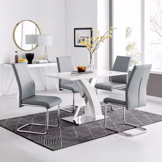 FurnitureboxUK Atlanta White High Gloss Rectangular Dining Table with X-Frame Legs and 4 Grey Lorenzo Faux Leather Dining Chairs Set