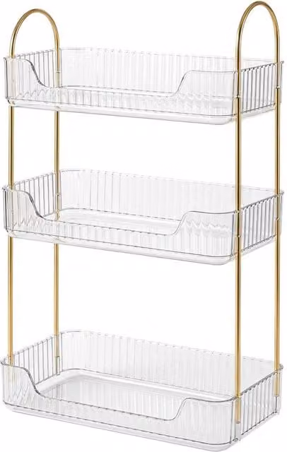 Levede 3-Tier Modern Minimalist Makeup Organiser and Cosmetic Storage Rack in Transparent and Gold – 1