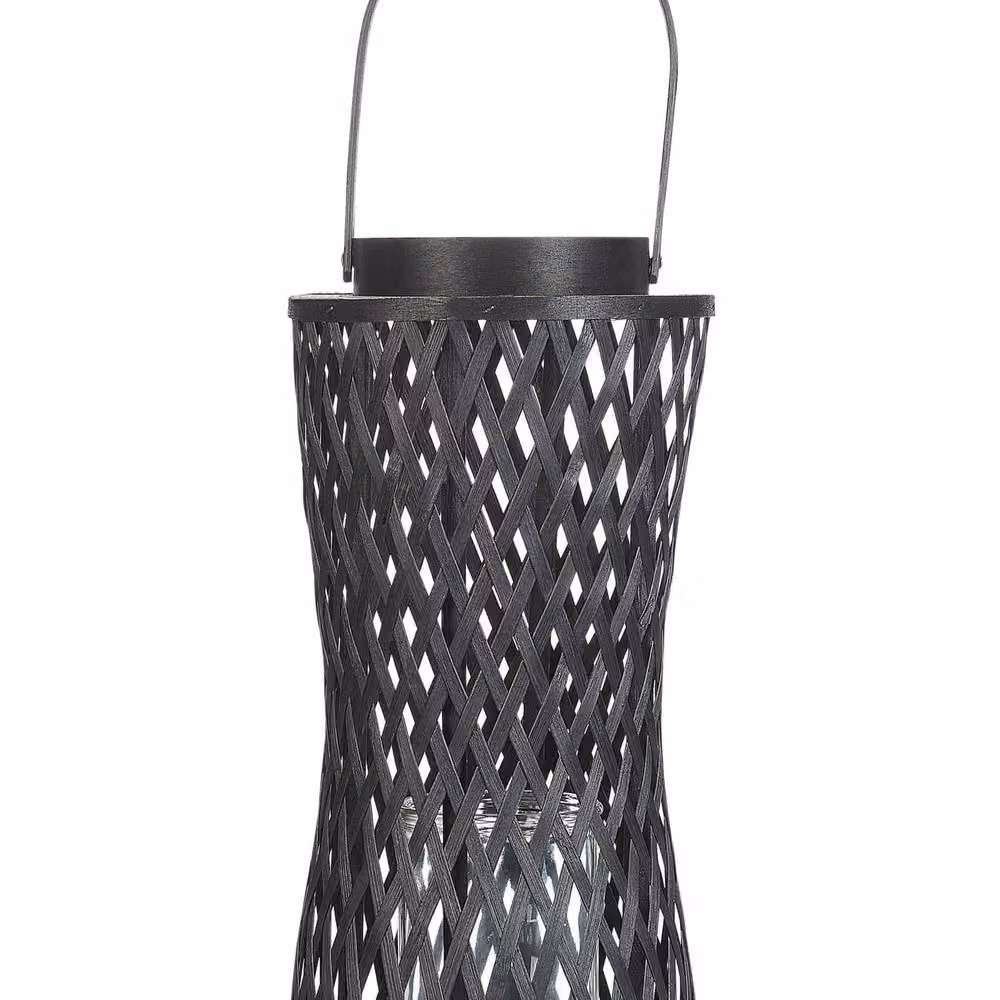 Wyld and Coco Boho Black Handwoven Bamboo and Glass Pillar Candle Lantern, Height: 38 cm – 2
