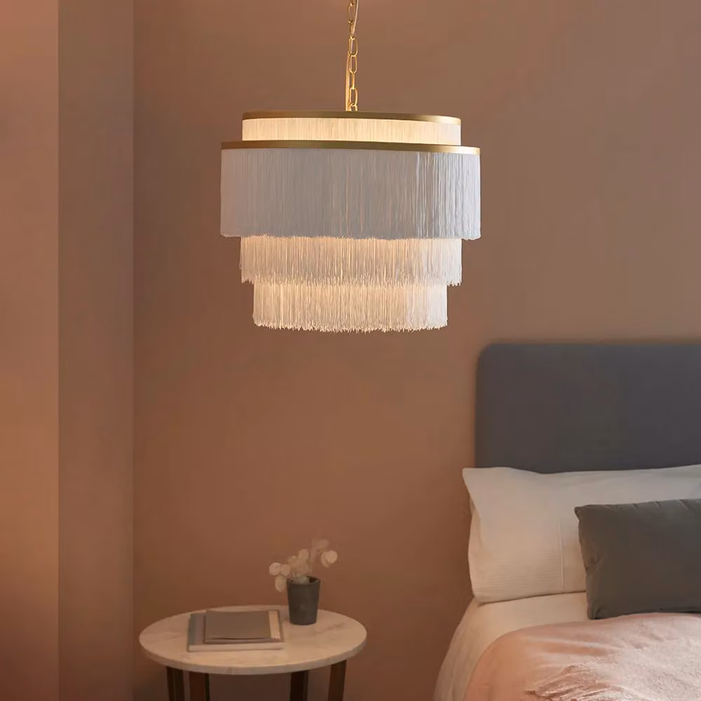 Loops Gold Multi Arm Ceiling Pendant Light with White Tassels and Transparent Diffused Effect – 2