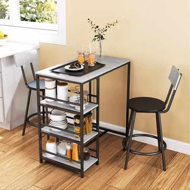 HOMCOM 3 Piece Breakfast Bar Table Set with Shelves in Grey