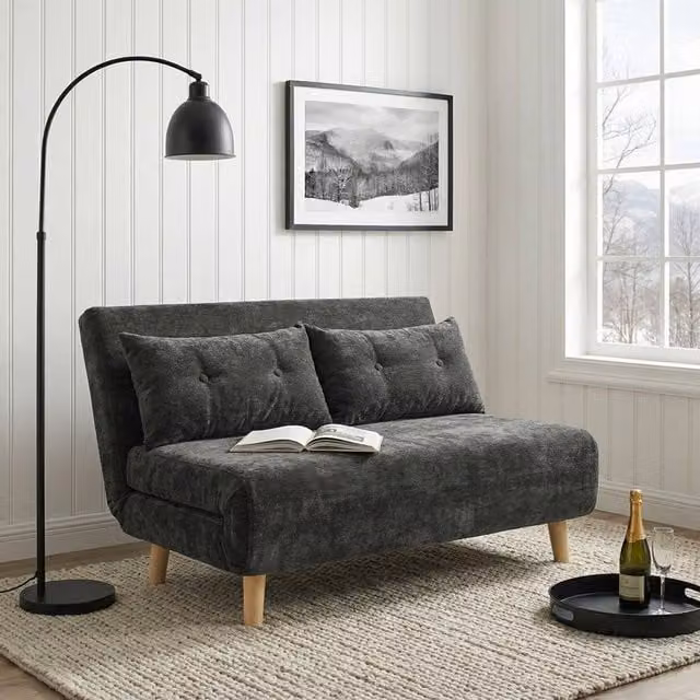 Home Garden Direct Aurora Small Double 2 Seater Sofa Bed in Dark Grey Premium Fabric with Sleeping Function and Scatter Cushions, 120 x 200 cm