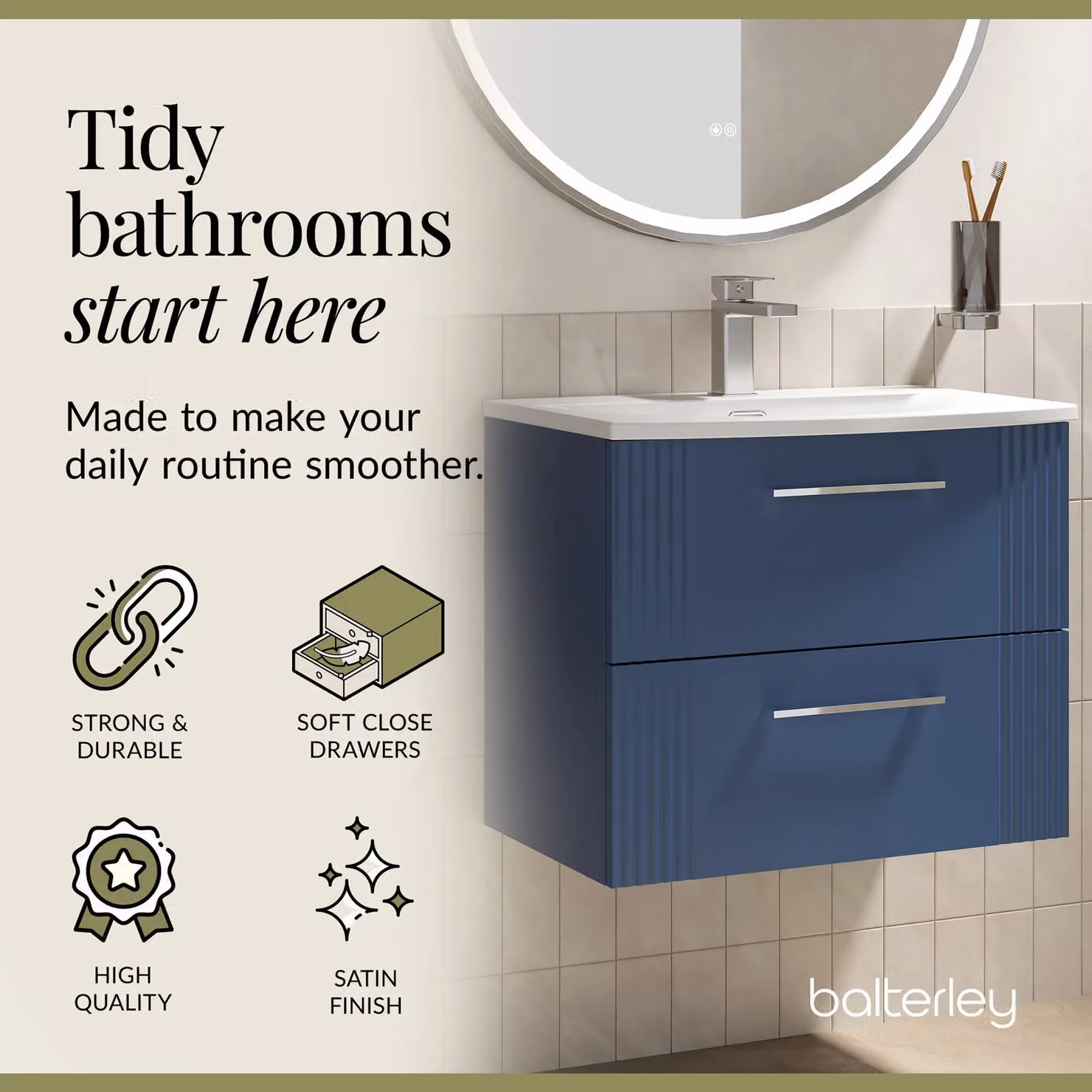 Balterley Wall Hung 2 Drawer Vanity Unit with Curved Basin, Satin Blue, W: 60 cm, D: 53 cm, H: 60 cm – 3