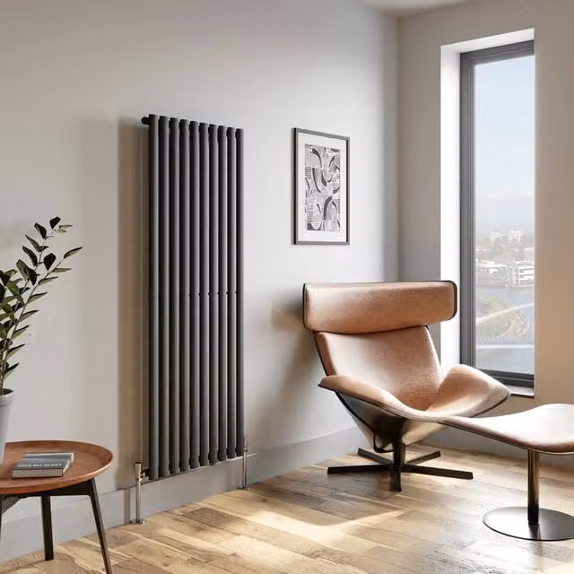 Temprazo Vertical Oval Tube Double Panel Designer Radiator in Anthracite Grey, H: 160 cm, W: 36 cm, D: 5.5 cm