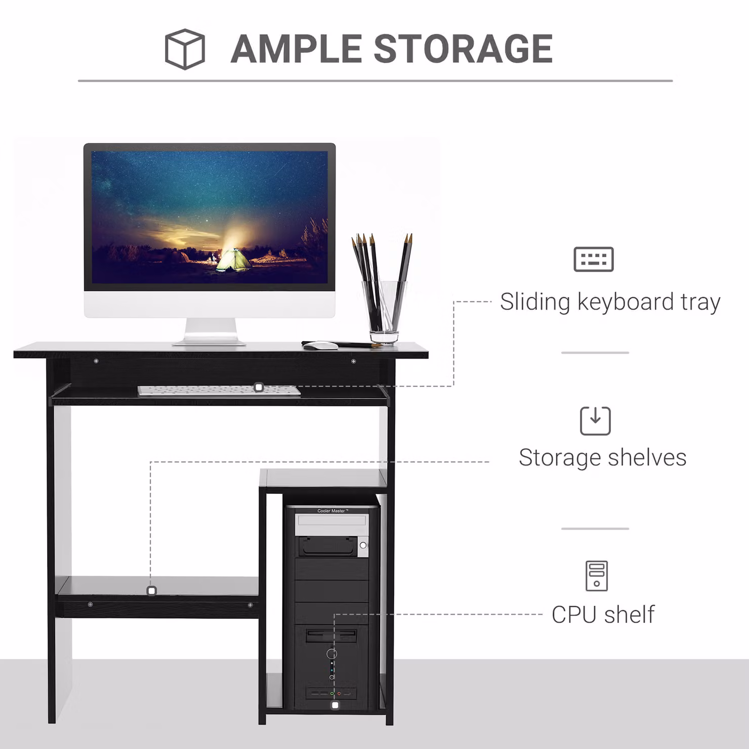 HOMCOM Modern Black Compact Computer Desk with Keyboard Tray and Storage Shelf – 4