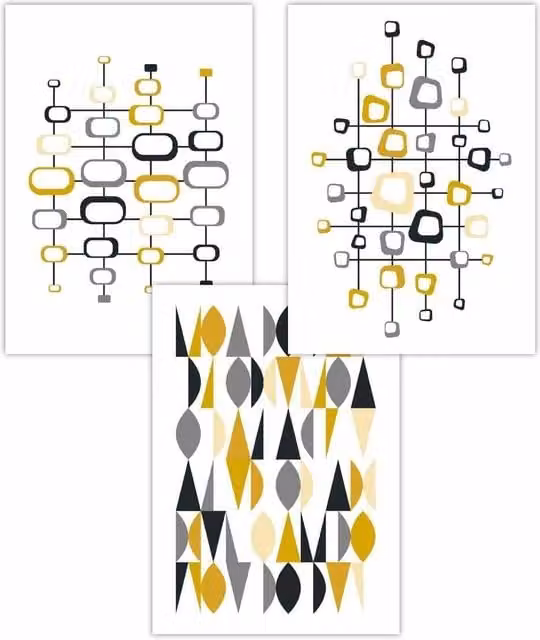 ARTZE Set of 3 Mid Century Abstract Geometric Art Posters in Yellow, Black and Grey, W: 59 cm, H: 84 cm