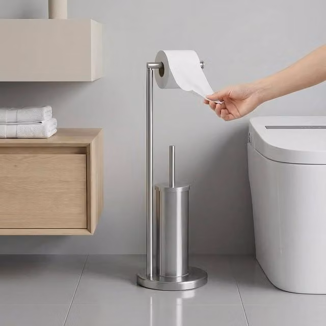 Alivio Freestanding Stainless Steel Toilet Roll Holder and Brush Set in Silver, W: 20.5 cm, H: 67 cm
