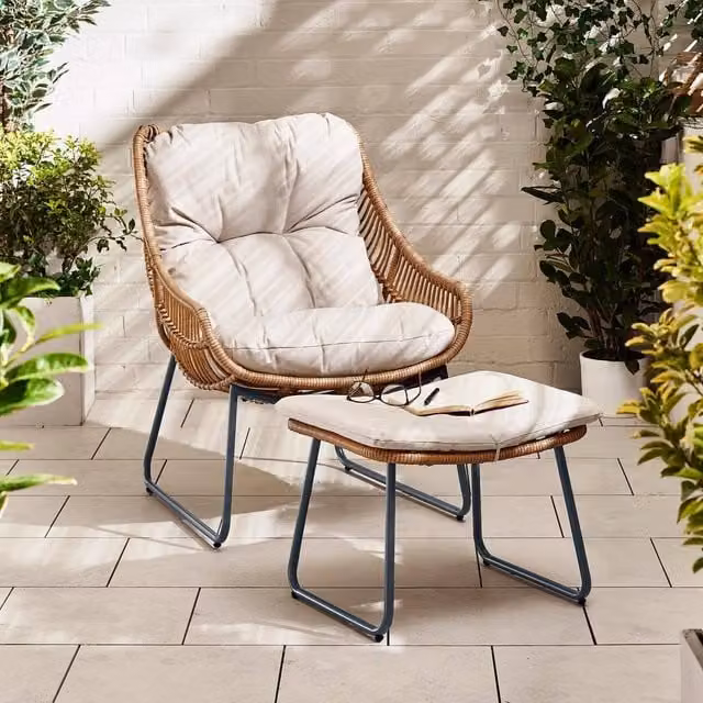 FurnitureboxUK Tahiti Rattan Outdoor Garden Lounge Chair and Ottoman Set with Removable Weather-Resistant Cushions in Beige, Grey and Brown – 1