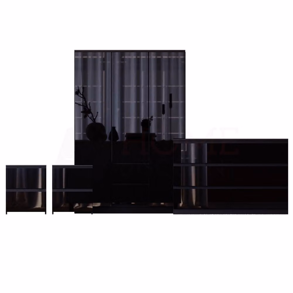 Vida Designs Glinton 4 Piece Modern Glossy Black Bedroom Set including 2 Bedside Tables, 8 Drawer Chest and Wardrobe – 2