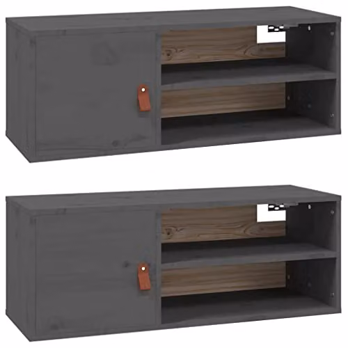 vidaXL Set of 2 Grey Solid Wood Pine Wall Cabinets with Hinged Doors, W/D/H: 80 x 30 x 30 cm
