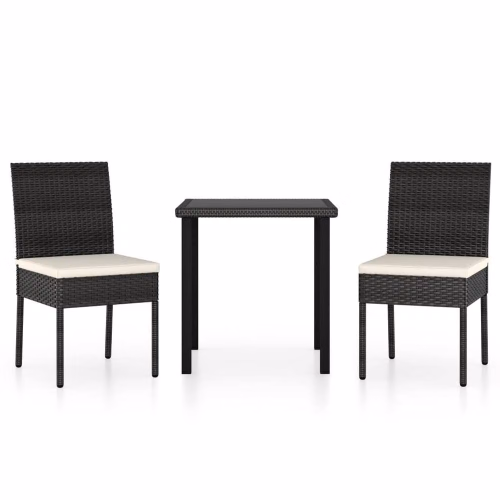 Berkfield Home 3 Piece Poly Rattan Outdoor Dining Set with Cushions and Glass Top in Black – 2