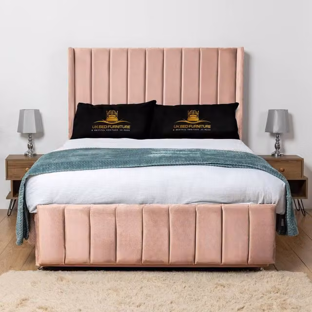 UK Bed Furniture Arizona Wingback Divan Bed Base with 54 Inch Headboard in Pink Velvet, Small Double, W/D/H: 120 x 200 cm