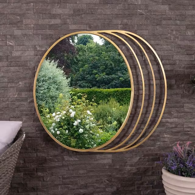 Charles Bentley Prague Round Art Deco Wall Mounted Metal Mirror in Gold