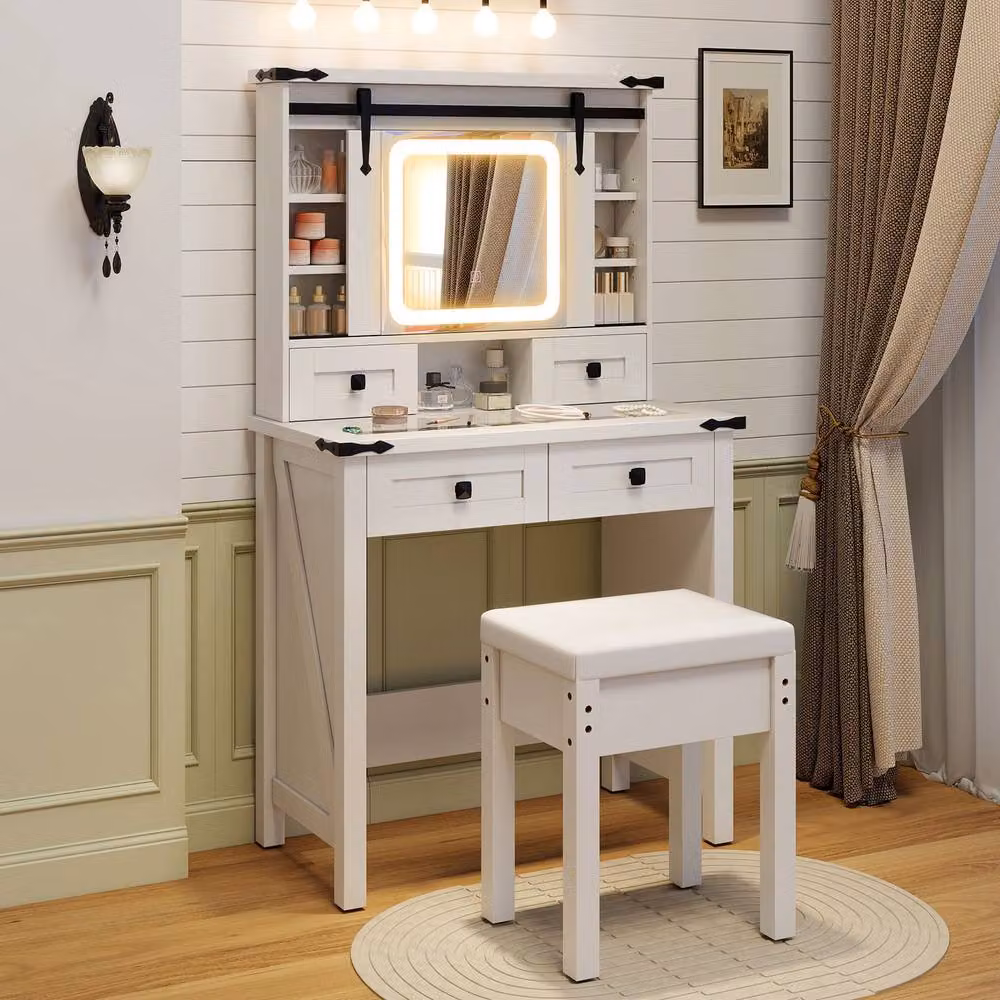 Costway Makeup Vanity Desk Set with Hollywood LED Mirror and Stool in White – 3
