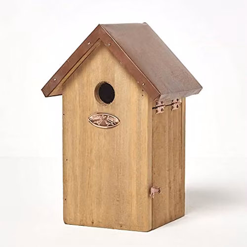 Homescapes Wooden Blue Tit Nesting Box with Copper Roof in Brown, H 25.8 cm x W 16 cm x D 13.8 cm