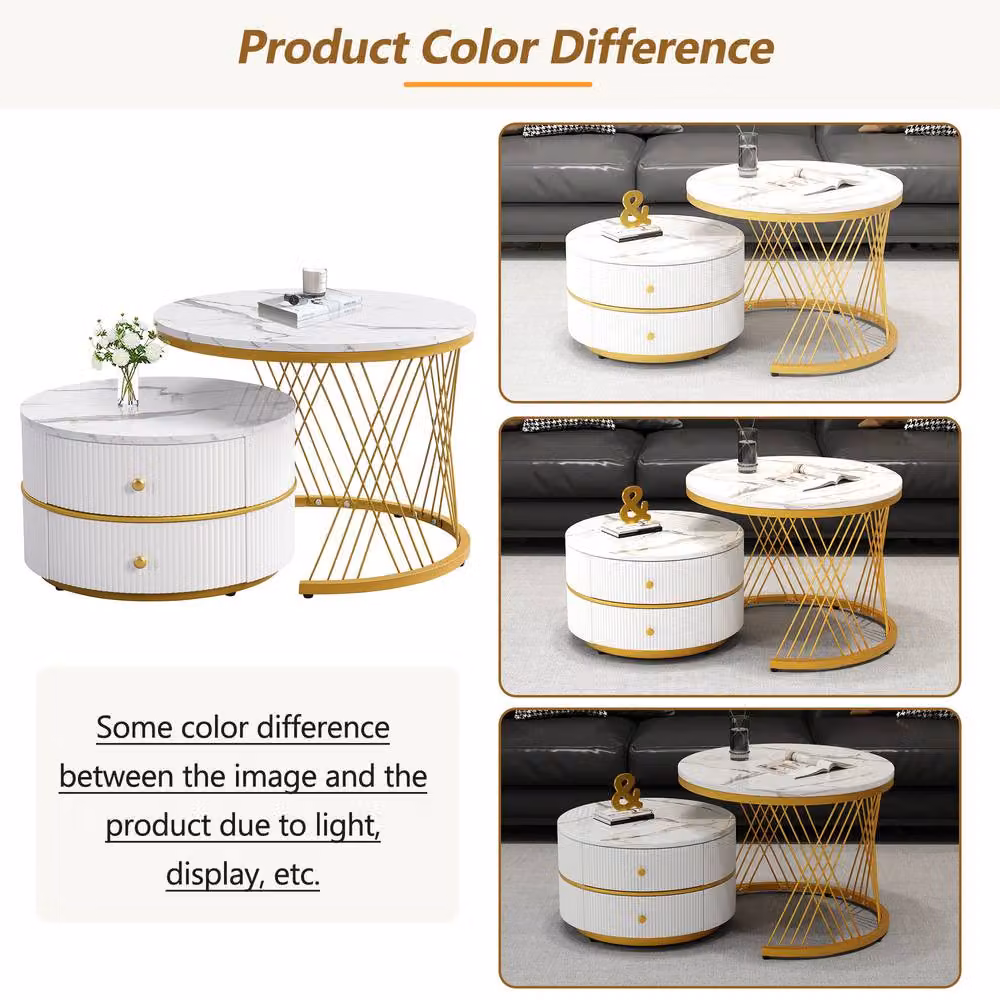 ModernLuxe Set of 2 High Gloss Round Nesting Coffee Tables with Drawers in White and Gold – 6
