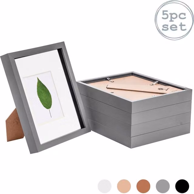 Nicola Spring Pack of 5 Rectangular 3D Box Photo Frames in Grey and White with Glass and Plastic, W/D/H: 25.4 x 20.32 x 5.0 cm
