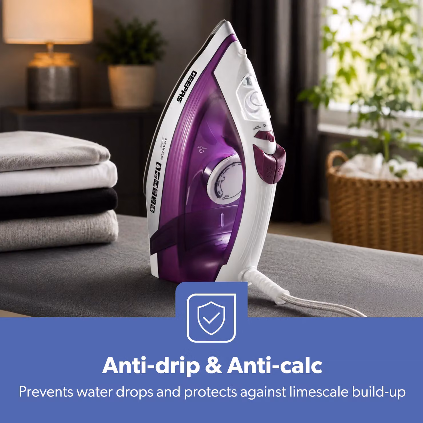 Geepas 2000W Steam Iron with Ceramic Non-Stick Soleplate and Vertical Steam Function in Purple – 3